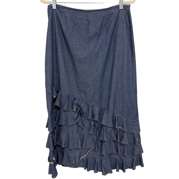 Y2K New Creation Chambray Ruffle Midi Skirt Womens 36 Blue Cotton Blend Retro Ch - Picture 1 of 8